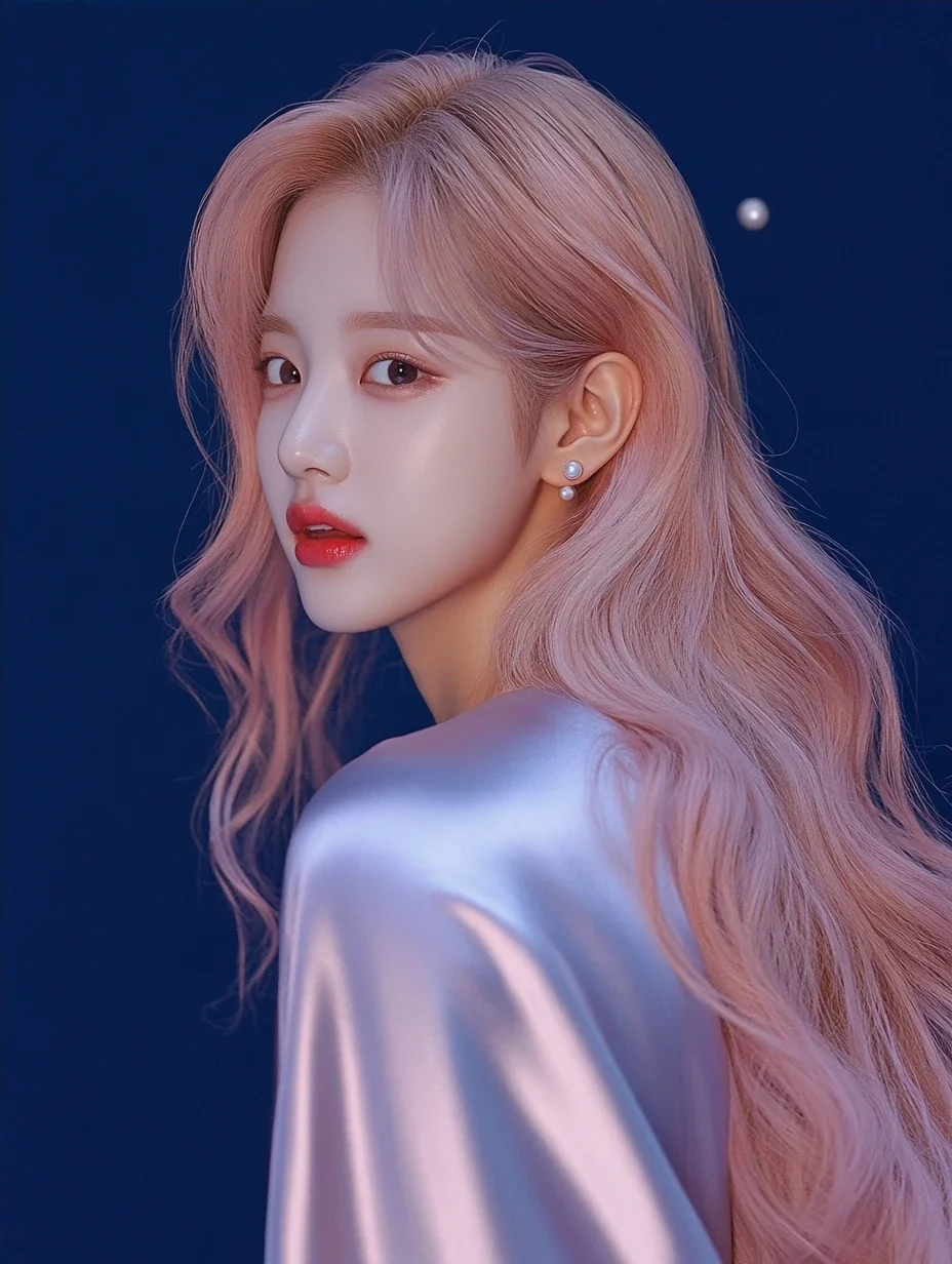 comeback teaser, a clean frame with empty space at the top for the date, she looks over her shoulder at the moon. a Korean woman aged 23 with a soft oval face and full cheeks, warm dark brown eyes, a