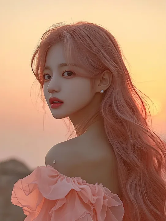 comeback teaser, the same frame at sunrise, empty space at the top, she looks over her other shoulder at the sun. a Korean woman aged 23 with a soft oval face and full cheeks, warm