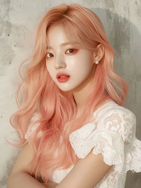 campaign photograph, three-quarter shot with her arms folded, hard clean wall behind, generous empty space at the top left for type. a Korean woman aged 23 with a soft oval face an