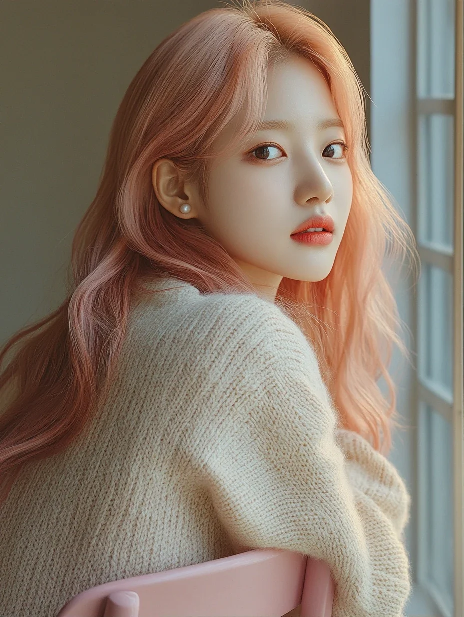 campaign photograph, sitting turned on a chair looking back over her shoulder, window light, space on the right for a line of type. a Korean woman aged 23 with a soft oval face and full cheeks, warm d