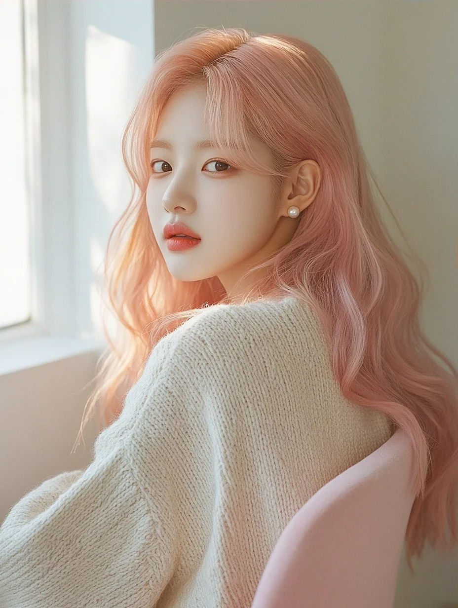 campaign photograph, sitting turned on a chair looking back over her shoulder, window light, space on the right for a line of type. a Korean woman aged 23 with a soft oval face and full cheeks, warm d