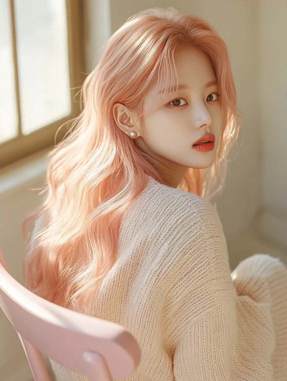 campaign photograph, sitting turned on a chair looking back over her shoulder, window light, space on the right for a line of type. a Korean woman aged 23 with a soft oval face and full cheeks, warm d