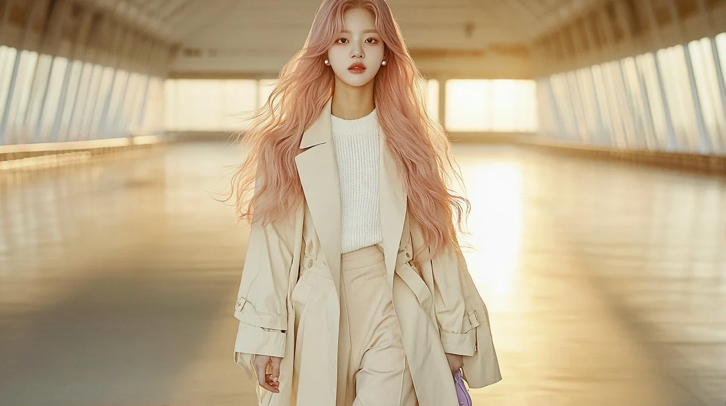 campaign photograph, wide shot of her walking through an empty terminal at dawn, long shadows, the top band of the frame empty. a Korean woman with long wavy pastel peach-pink hair and a small pearl s