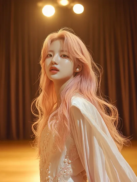 campaign photograph, full length on an empty stage with the curtain down, one light, empty space above her head. a Korean woman with long wavy pastel peach-pink hair and a small pe