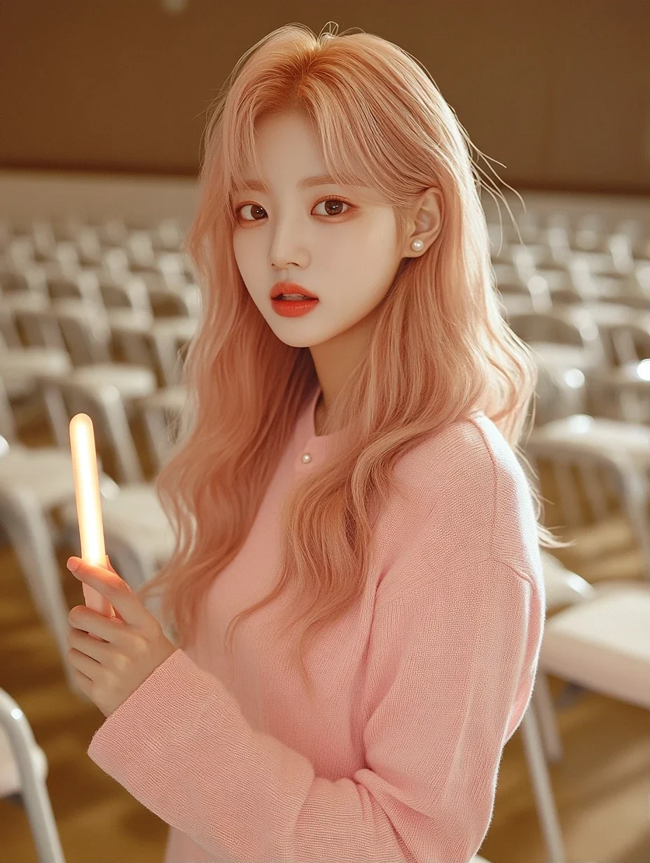 campaign photograph, standing among empty fan-meeting chairs holding one peach light stick, space along the top for type. a Korean woman aged 23 with a soft oval face and full cheeks, warm dark brown