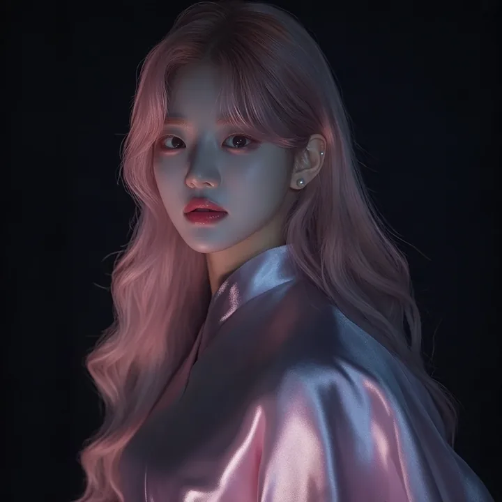 teaser still, the very edge of her face lit in the dark, most of the frame empty and black, space for a number to be set in type later. a Korean woman aged 23 with a soft oval face