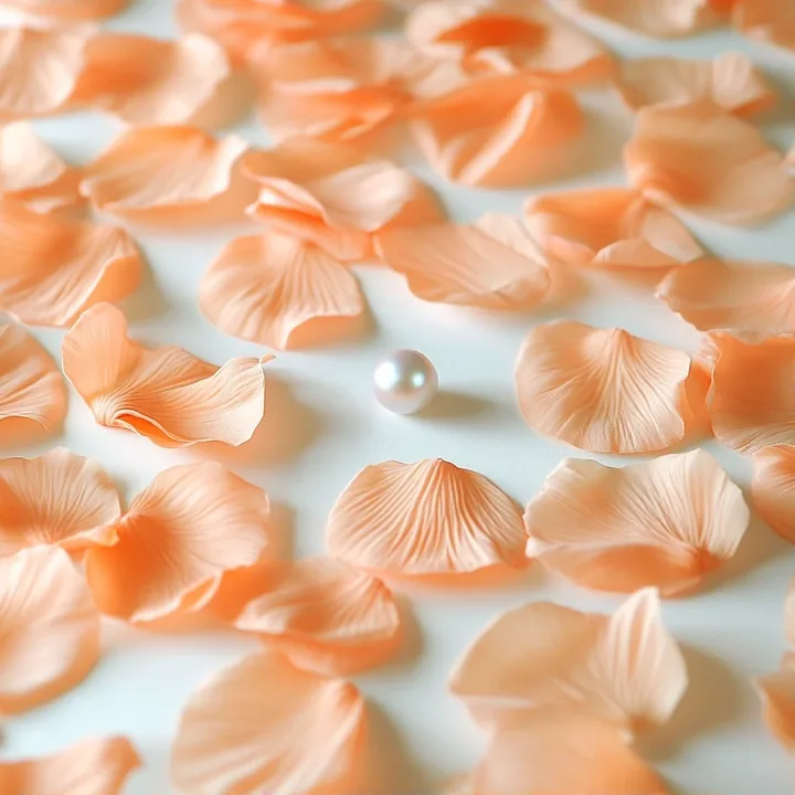 teaser still, a white surface covered in peach petals with a single pearl in the middle, room at the top for type. no person. high-key still life, no text, no letters