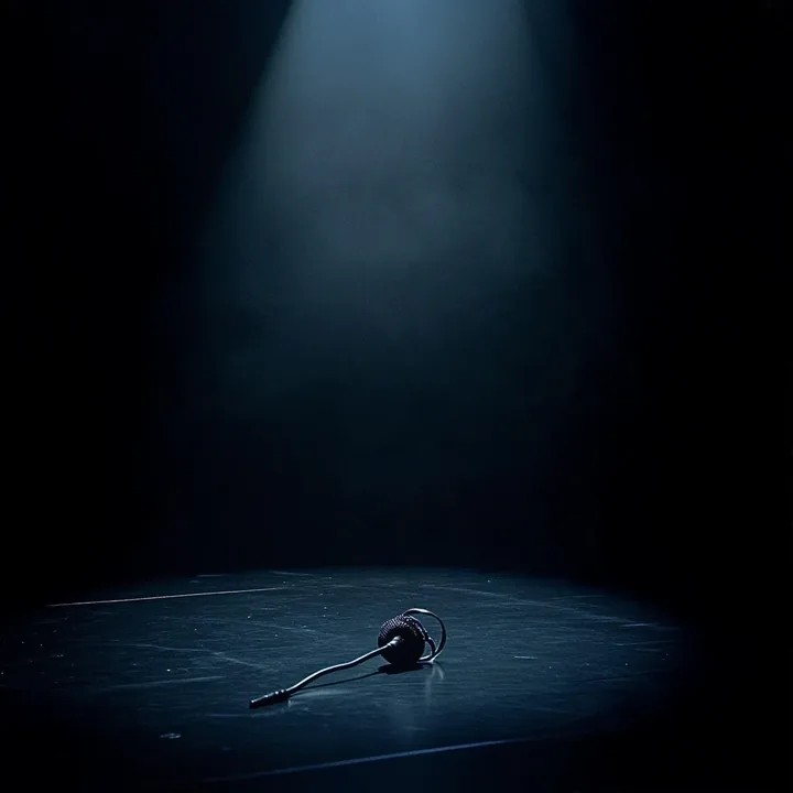 teaser still, a slim headset microphone lying on a black stage floor in one pool of light, room above for a number. no person. stage still life, no text