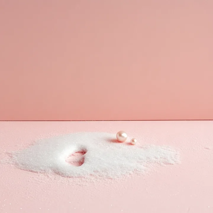 teaser still, a snow-covered pale pink studio floor with one footprint and a single pearl earring beside it, negative space above. no person. minimal still life, no text
