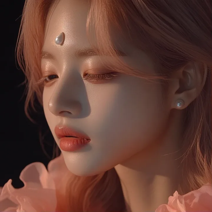 teaser still, extreme close-up of her closed eye and lashes with a petal resting on the brow, dark background, space above for type. a Korean woman aged 23 with a soft oval face an
