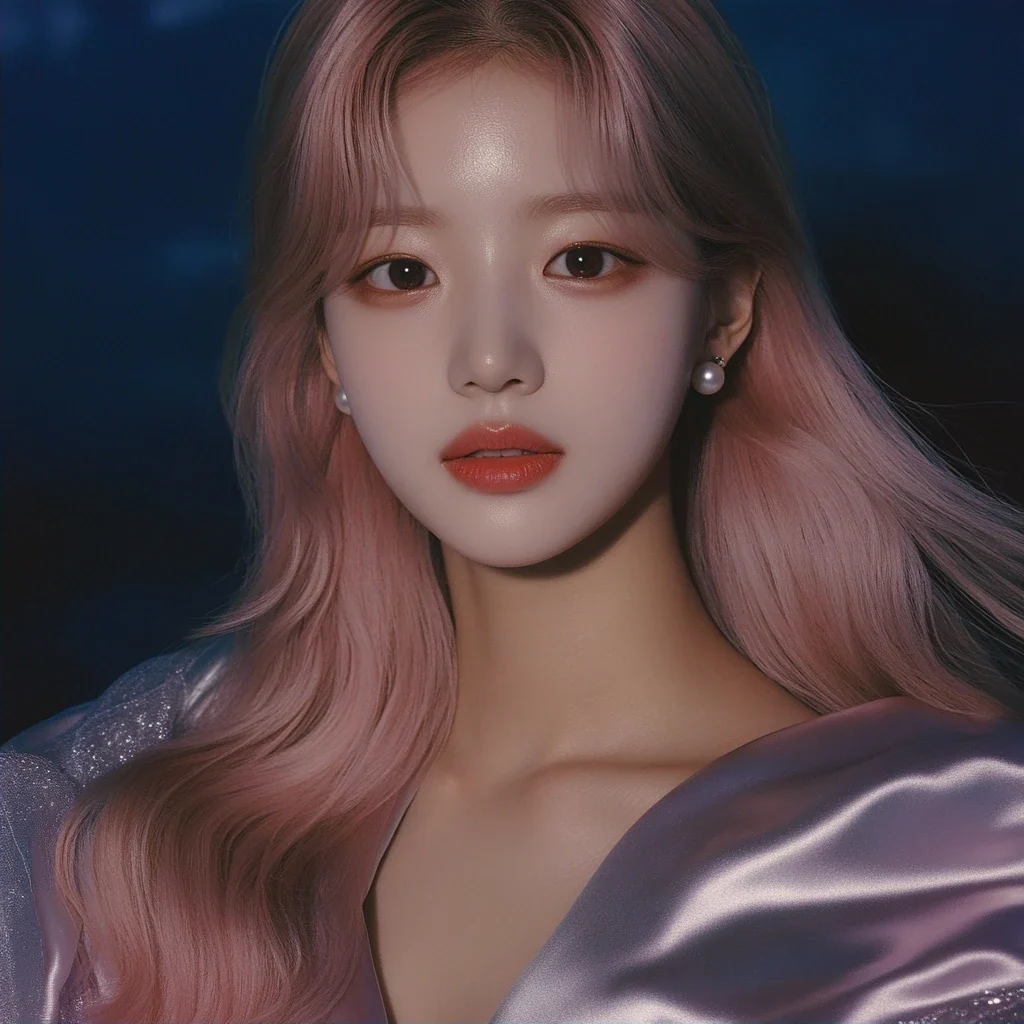 album cover photograph, close portrait, calm gaze into the lens, clean empty space above her for a title. a Korean woman aged 23 with a soft oval face and full cheeks, warm dark brown eyes, a tiny bea