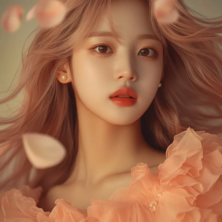 album cover photograph, close portrait with peach petals drifting past the lens, a soft empty band along the top. a Korean woman aged 23 with a soft oval face and full cheeks, warm