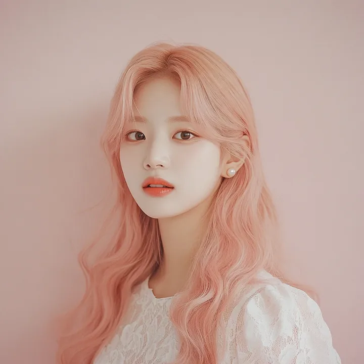 album cover photograph, three-quarter portrait against a pale pink wall, a wide empty band across the top for type. a Korean woman aged 23 with a soft oval face and full cheeks, wa