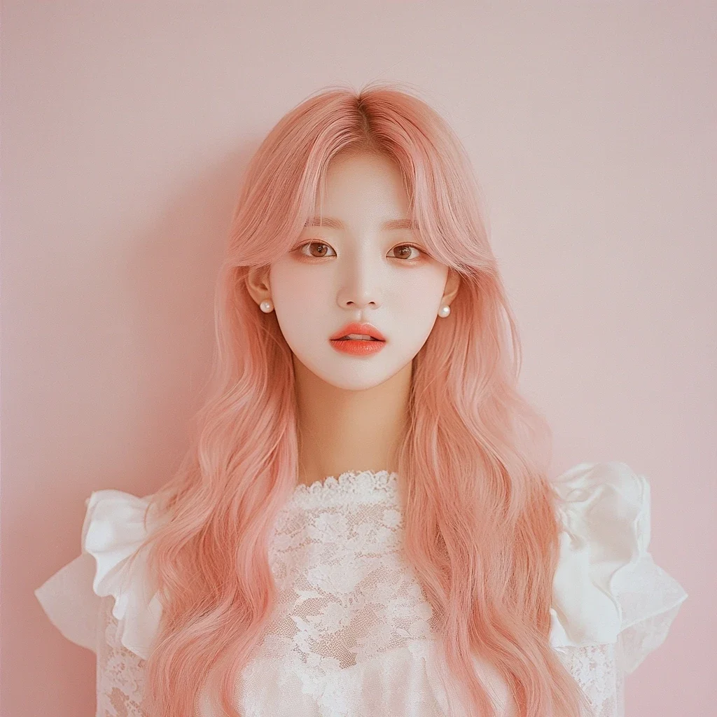 album cover photograph, three-quarter portrait against a pale pink wall, a wide empty band across the top for type. a Korean woman aged 23 with a soft oval face and full cheeks, warm dark brown eyes,