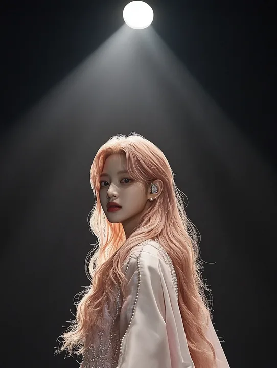 concert poster image, full length on the stage under a single beam, the rest of the frame almost black, empty space at the top for a date. a Korean woman with long wavy pastel peac