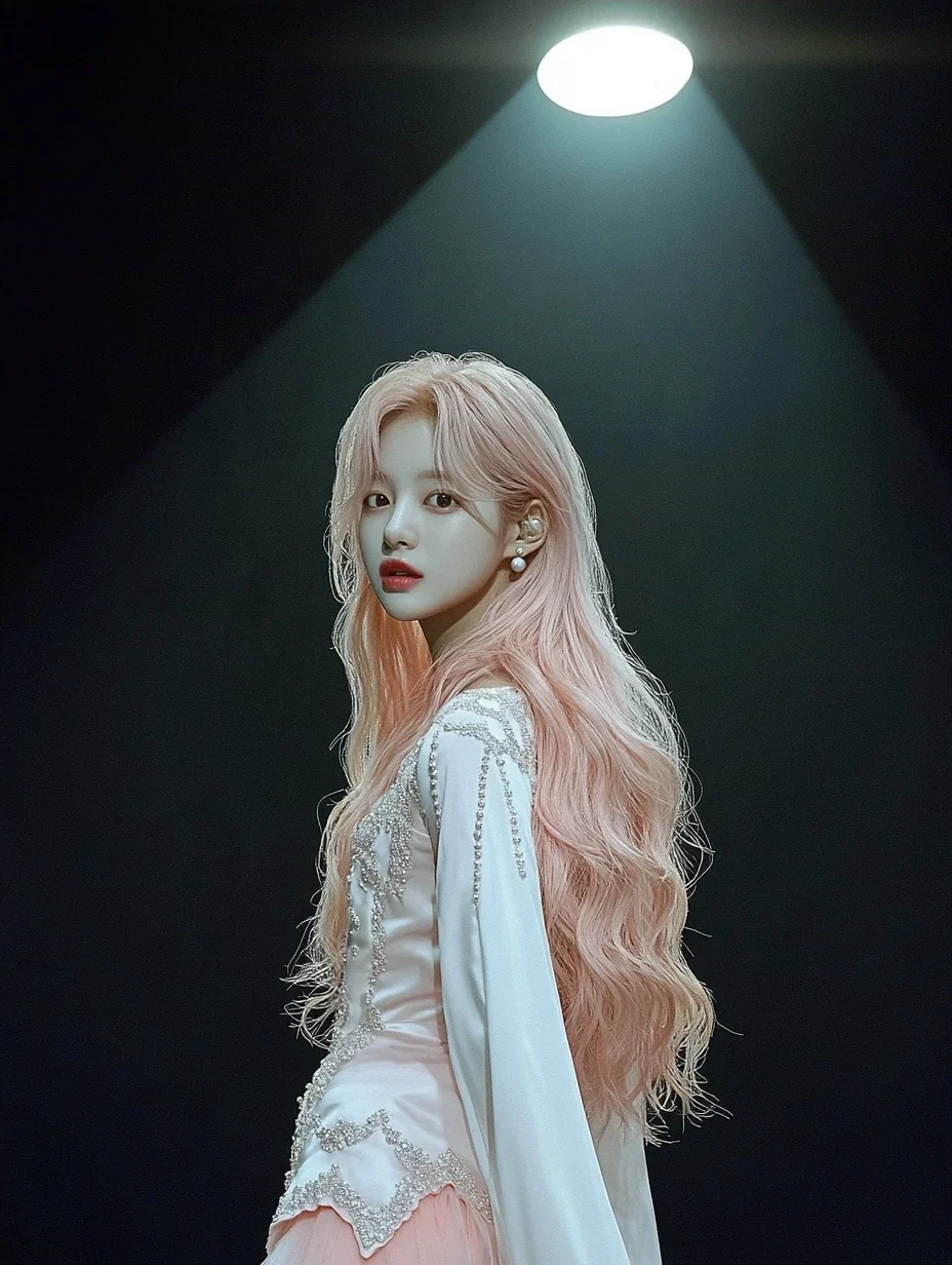 concert poster image, full length on the stage under a single beam, the rest of the frame almost black, empty space at the top for a date. a Korean woman with long wavy pastel peach-pink hair and a sm