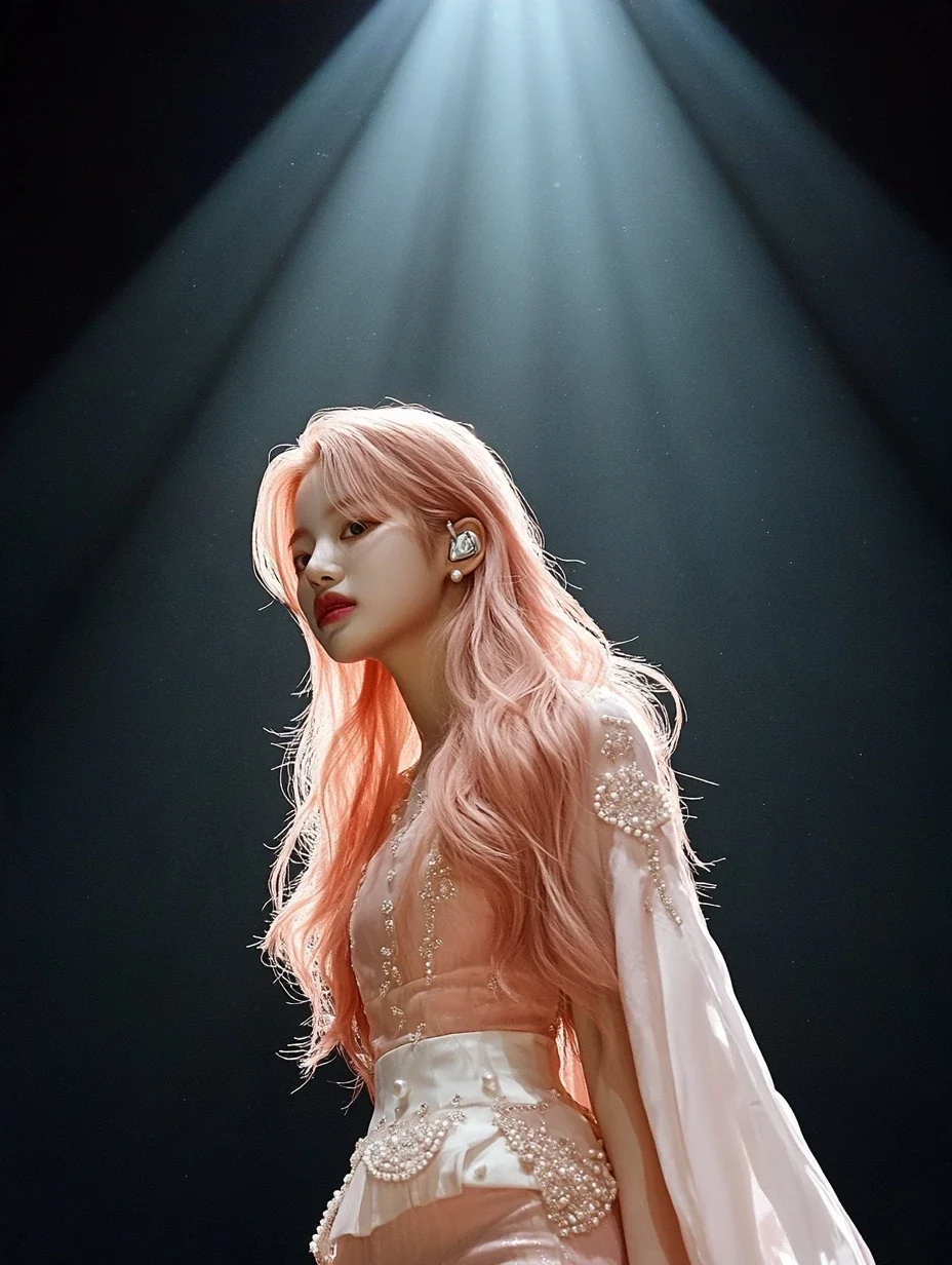concert poster image, full length on the stage under a single beam, the rest of the frame almost black, empty space at the top for a date. a Korean woman with long wavy pastel peach-pink hair and a sm