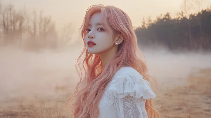 film poster image, a small figure in a wide misty forest, the top third of the frame empty sky for a title. a Korean woman with long wavy pastel peach-pink hair and a small pearl s
