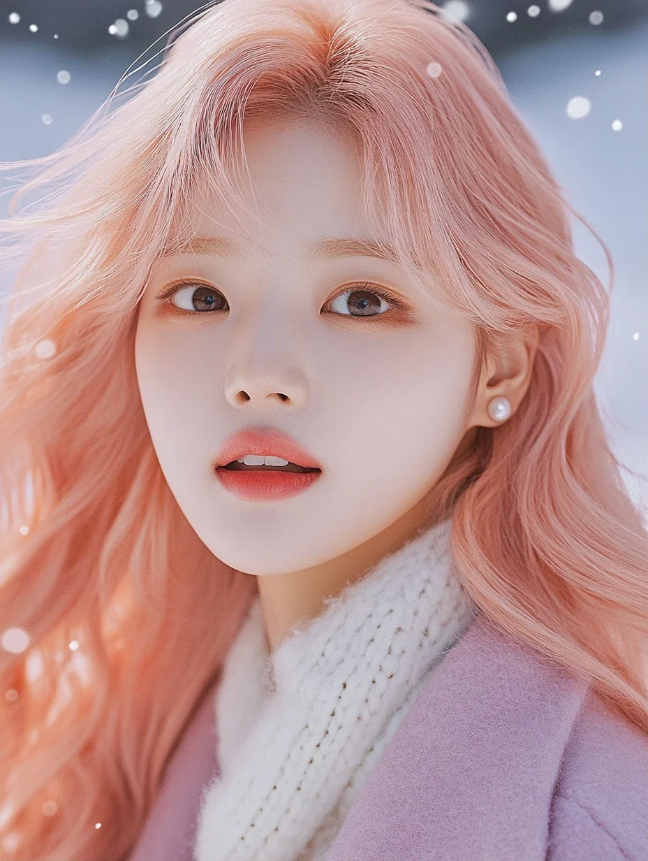 poster image, close portrait with snow in the air, negative space on the right for a vertical title set in type later. a Korean woman aged 23 with a soft oval face and full cheeks, warm dark brown eye