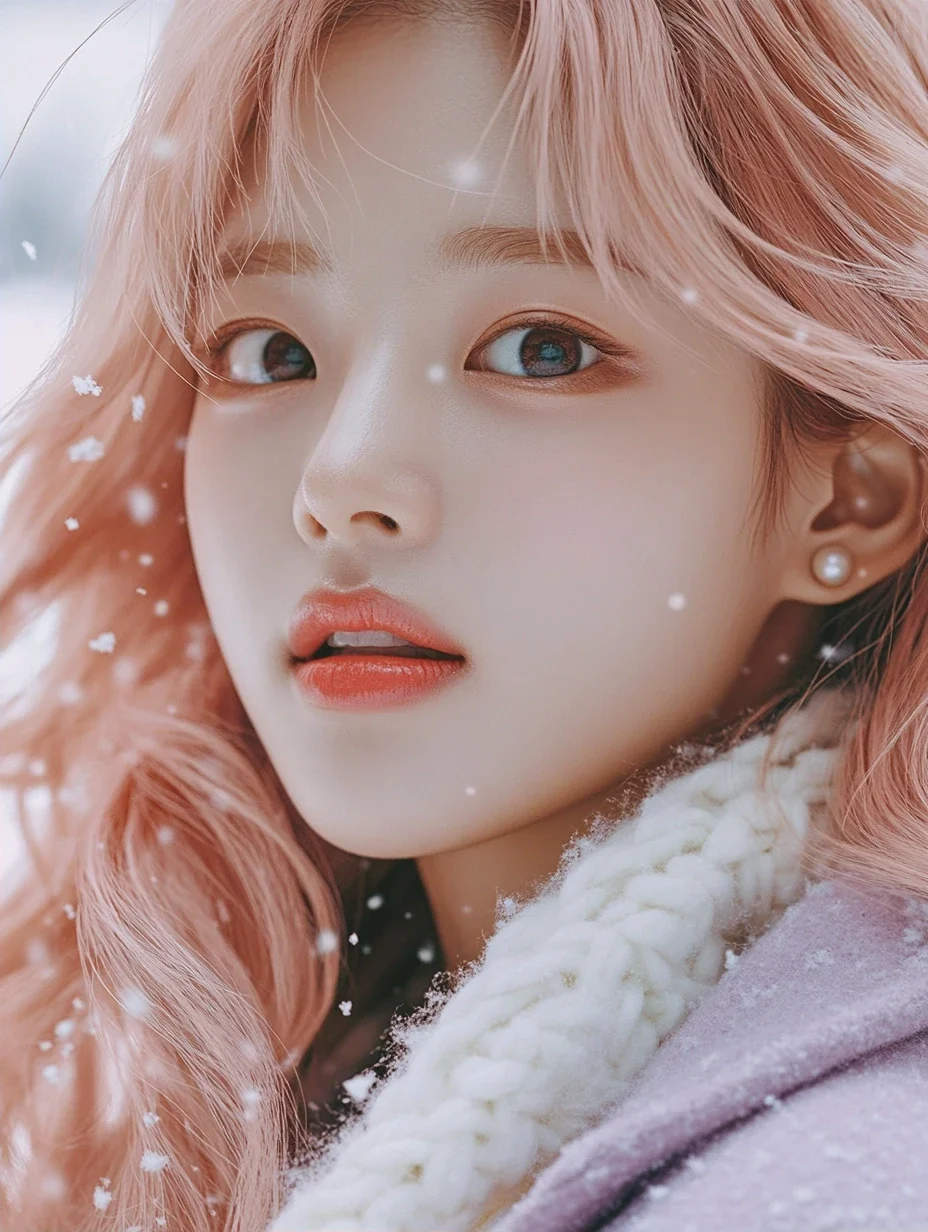 poster image, close portrait with snow in the air, negative space on the right for a vertical title set in type later. a Korean woman aged 23 with a soft oval face and full cheeks, warm dark brown eye