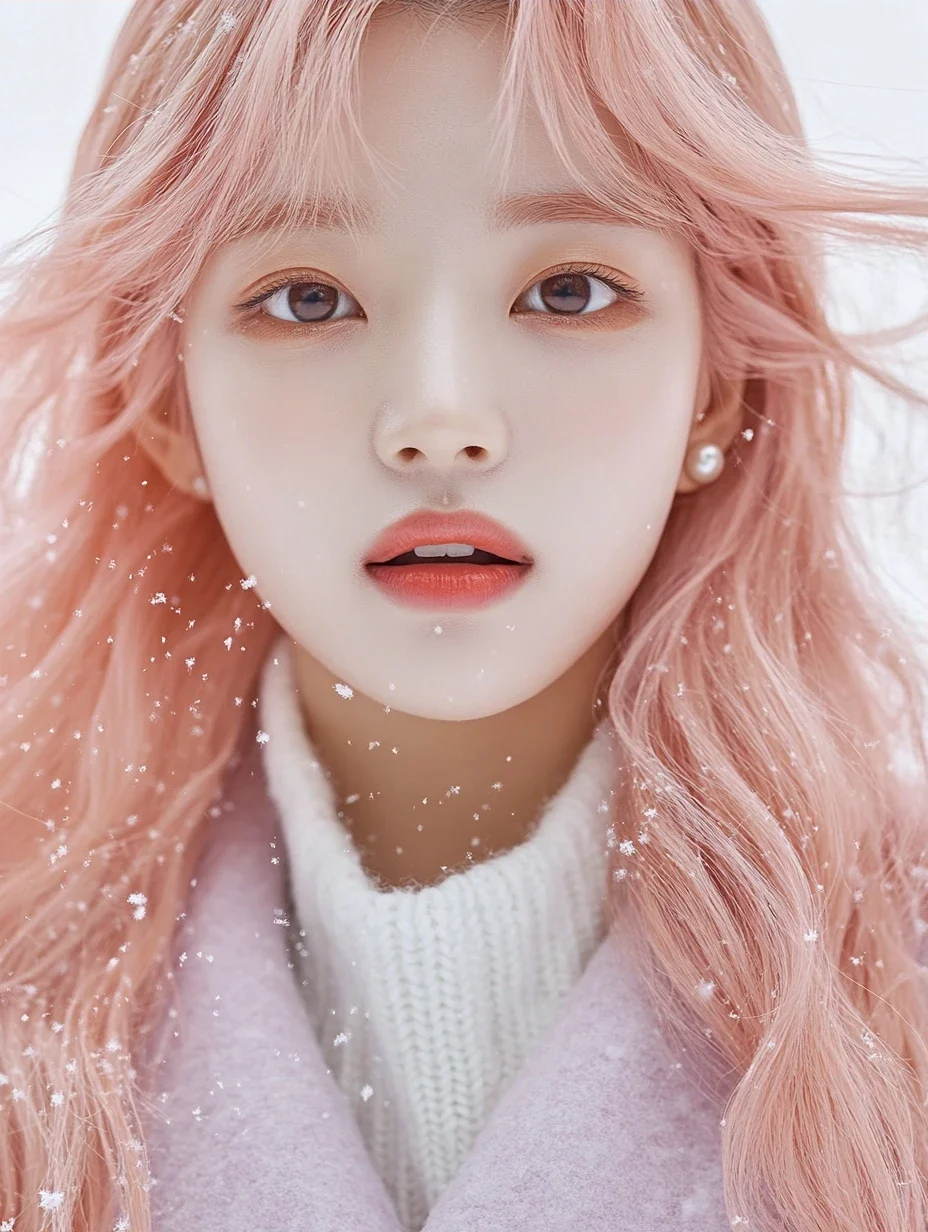 poster image, close portrait with snow in the air, negative space on the right for a vertical title set in type later. a Korean woman aged 23 with a soft oval face and full cheeks, warm dark brown eye