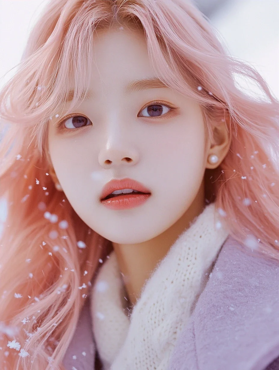 poster image, close portrait with snow in the air, negative space on the right for a vertical title set in type later. a Korean woman aged 23 with a soft oval face and full cheeks, warm dark brown eye