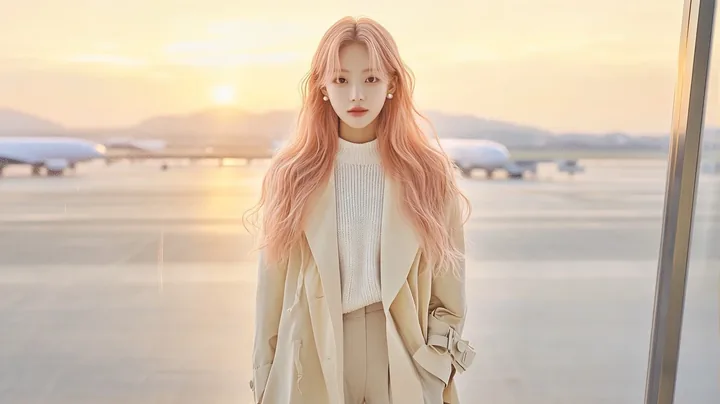 poster image, a wide airport window at first light, she stands small against the glass, empty space at the top for a line of type. a Korean woman with long wavy pastel peach-pink h
