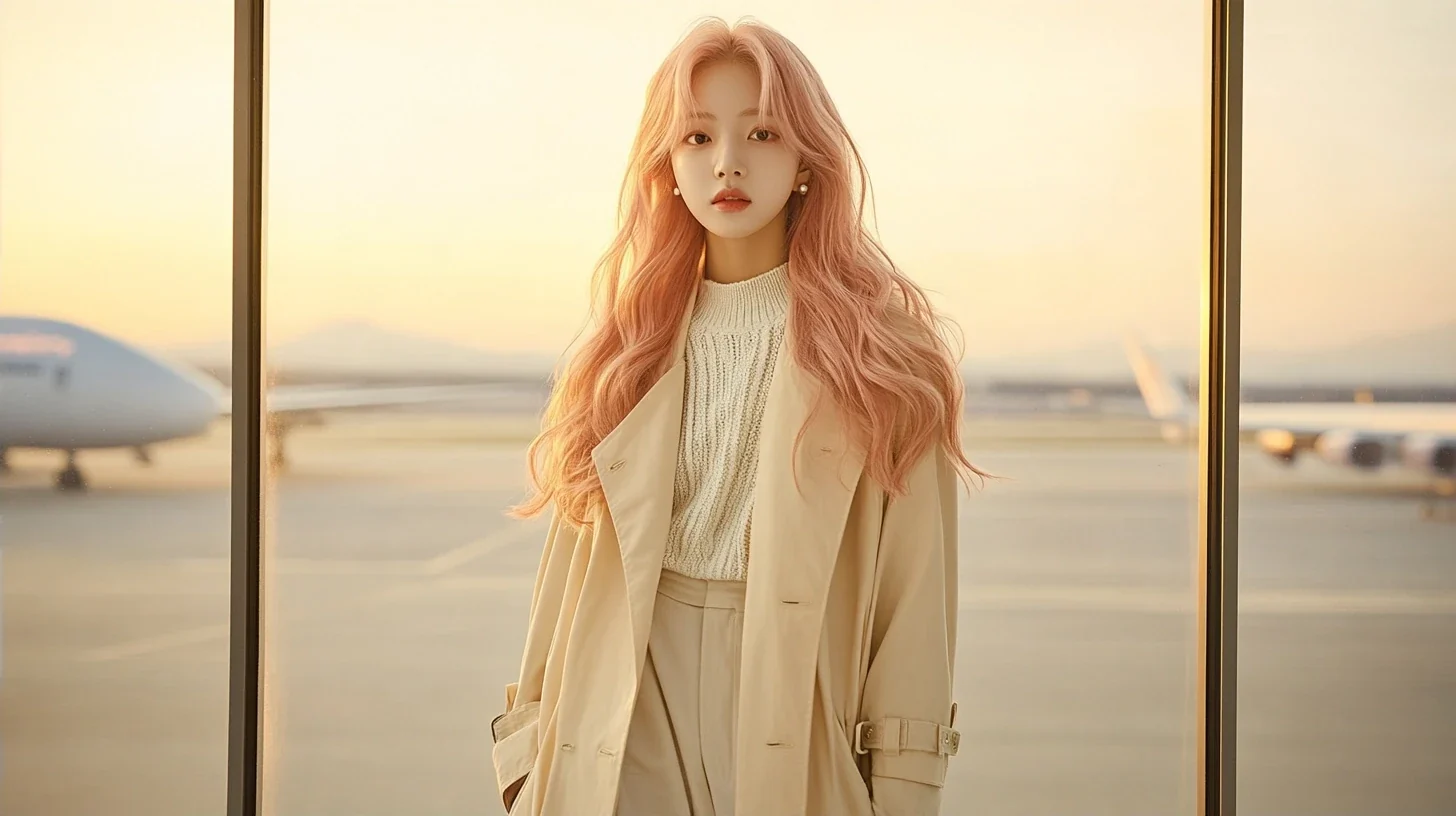poster image, a wide airport window at first light, she stands small against the glass, empty space at the top for a line of type. a Korean woman with long wavy pastel peach-pink hair and a small pear
