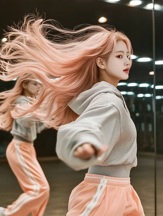 full length, mid-turn in front of a wall-length mirror, her reflection a step behind, hair flying. a Korean woman with long wavy pastel peach-pink hair and a small pearl stud earri