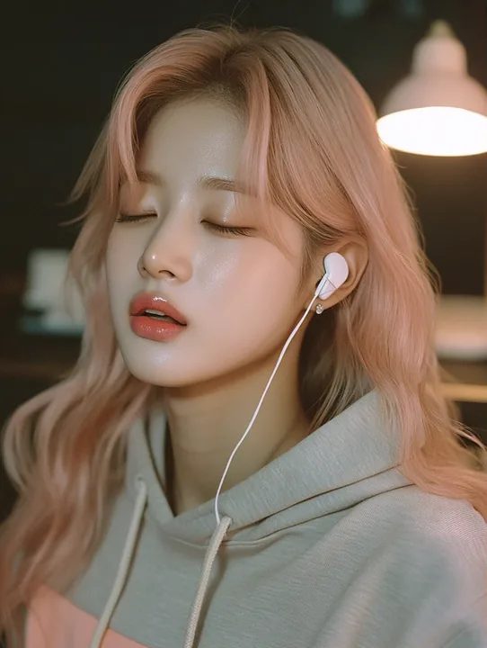 close-up, eyes closed, earphones in, mouthing the words of a song, sweat on her temple. a Korean woman aged 23 with a soft oval face and full cheeks, warm dark brown eyes, a tiny b
