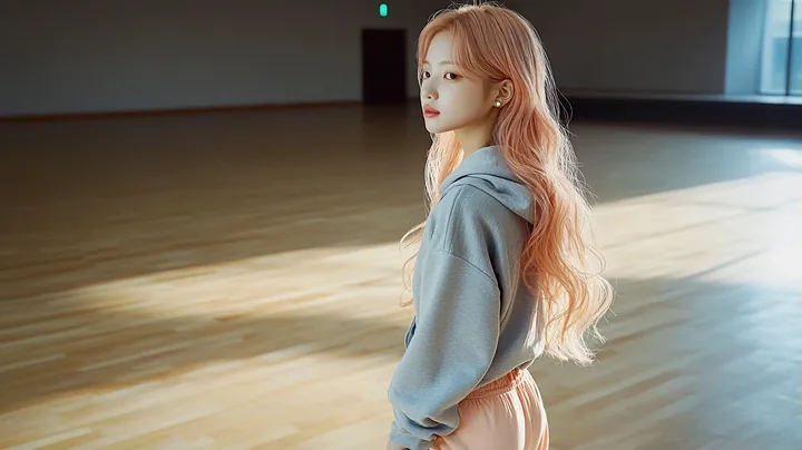 wide shot, a small figure practising alone in a large empty dance studio at dawn, first light on the wooden floor. a Korean woman with long wavy pastel peach-pink hair and a small 