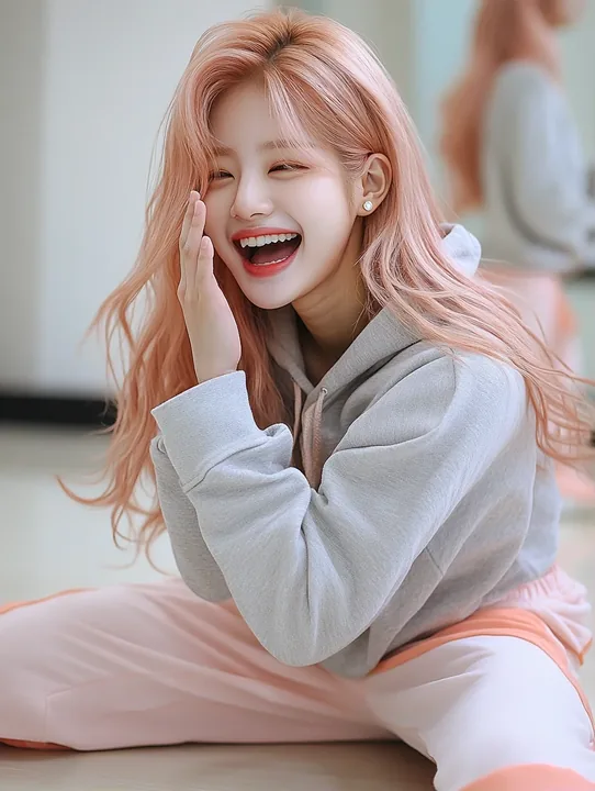 medium shot, she has just fallen during a dance step and is laughing at herself on the floor, one hand over her face. a Korean woman aged 23 with a soft oval face and full cheeks, 