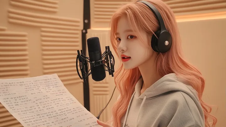 over-the-shoulder shot, singing into a studio microphone in a small recording booth, headphones on, eyes on a lyric sheet with no legible words. a Korean woman aged 23 with a soft 