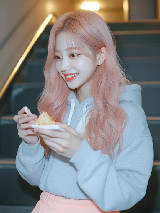 medium shot, eating a triangle rice ball on the stairs of a training building at midnight, smiling at her phone. a Korean woman aged 23 with a soft oval face and full cheeks, warm 