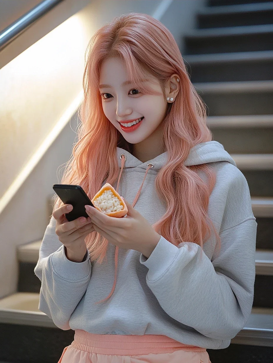 medium shot, eating a triangle rice ball on the stairs of a training building at midnight, smiling at her phone. a Korean woman aged 23 with a soft oval face and full cheeks, warm dark brown eyes, a t