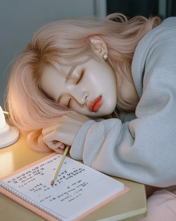 close-up, asleep with her head on a studio desk, a pencil still in her hand, a notebook of lyrics beside her with no legible words. a Korean woman aged 23 with a soft oval face and