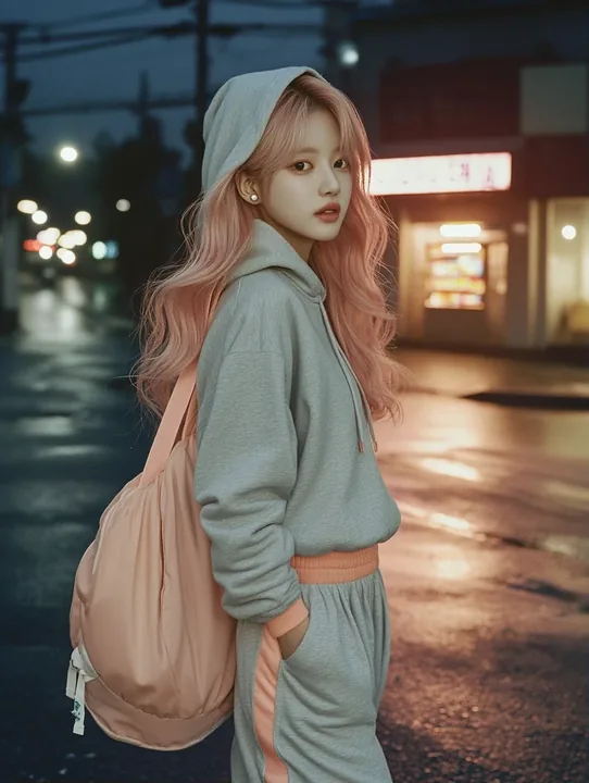 full length, walking home alone under a streetlight at 3 am, hood up, a dance bag on her shoulder. a Korean woman with long wavy pastel peach-pink hair and a small pearl stud earri