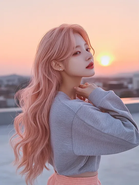 medium shot, standing on a rooftop at dawn after an all-night practice, eyes closed, face toward the first sun, tucking her hair behind her right ear. a Korean woman aged 23 with a