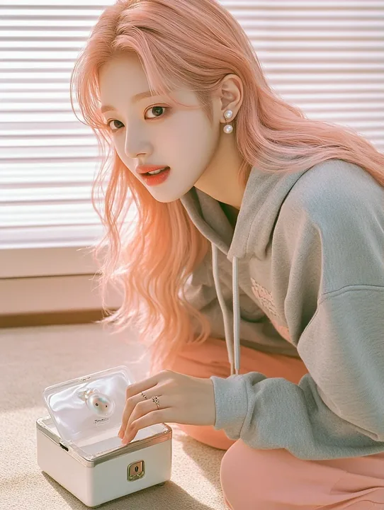 medium shot, opening a small pearl-white music box on a practice room floor, listening with a soft smile. a Korean woman aged 23 with a soft oval face and full cheeks, warm dark br