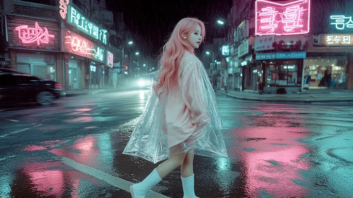 wide shot, crossing a wet street at night in a clear raincoat, neon signs smeared in the puddles, one car light sweeping past. a Korean woman with long wavy pastel peach-pink hair 