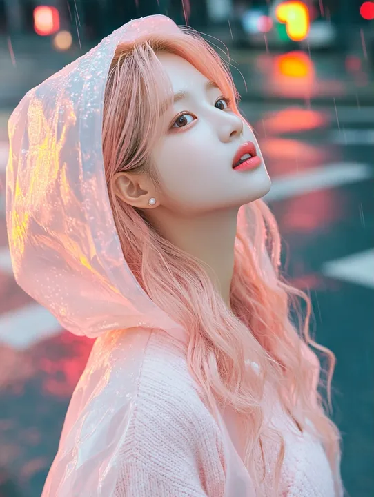 medium shot, the hood down, rain in her hair, she looks up as the light changes. a Korean woman aged 23 with a soft oval face and full cheeks, warm dark brown eyes, a tiny beauty m