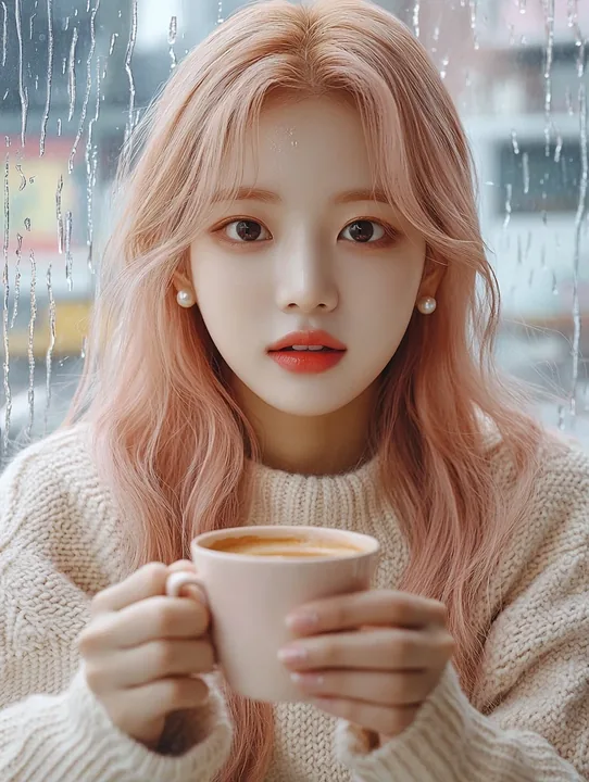 close-up on her hands around a warm cup at a café window, rain running down the glass, the city blurred beyond. a Korean woman aged 23 with a soft oval face and full cheeks, warm d
