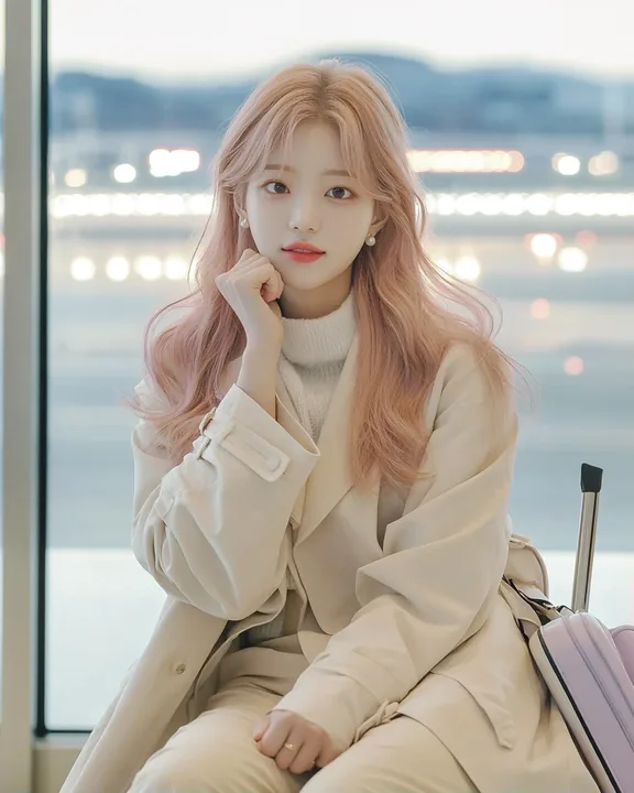 phone photo, sitting on a suitcase in a bright airport terminal, chin on her fist, runway lights out the window behind her. a Korean woman aged 23 with a soft oval face and full ch