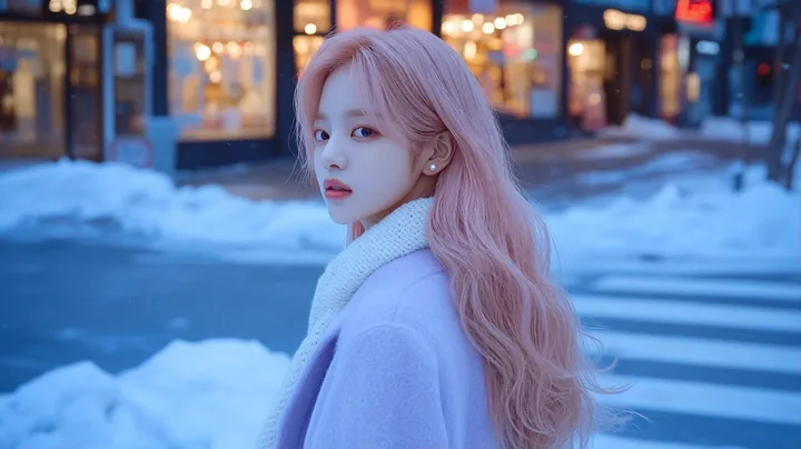 wide shot, waiting at a snow-covered crossing at dusk, breath visible, shop windows glowing behind her. a Korean woman with long wavy pastel peach-pink hair and a small pearl stud 