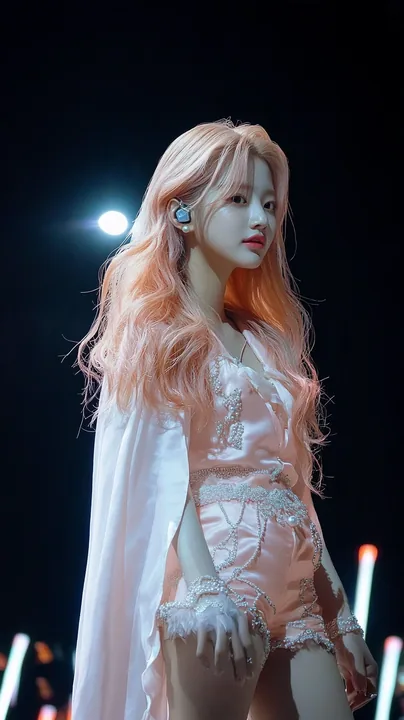 vertical frame, standing on a music-show stage during a blackout, only the audience light sticks visible, one white light on her. a Korean woman with long wavy pastel peach-pink ha