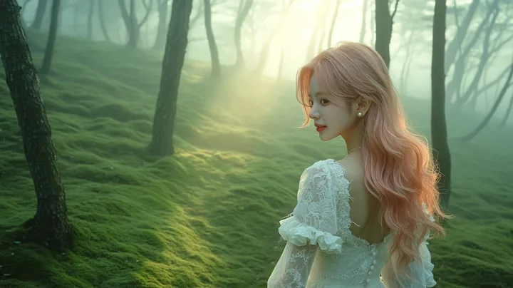 wide establishing shot, she walks away from the camera along a mossy path, small in a vast misty forest at dawn, sunbeams between the trunks. a Korean woman with long wavy pastel p