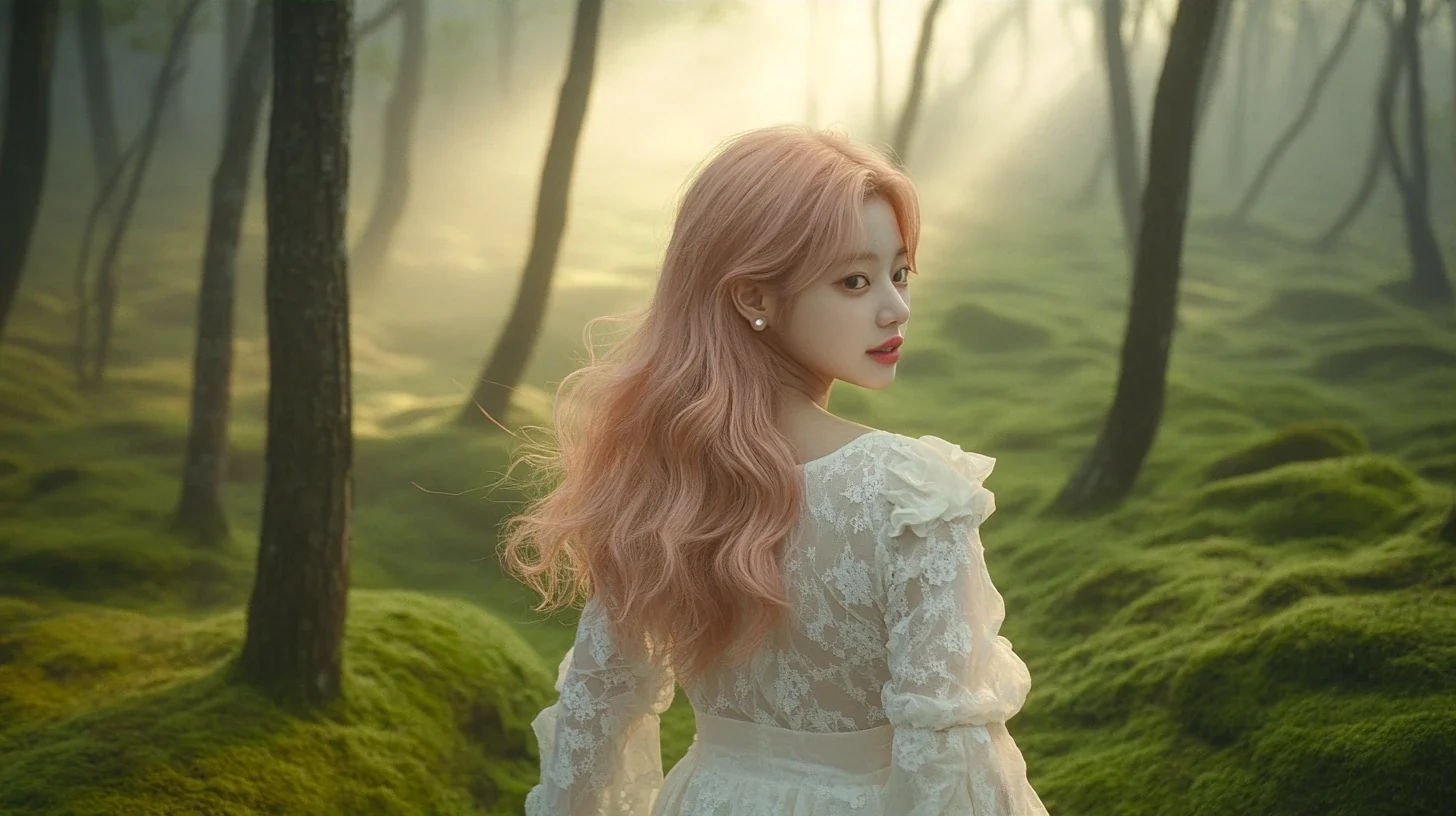 wide establishing shot, she walks away from the camera along a mossy path, small in a vast misty forest at dawn, sunbeams between the trunks. a Korean woman with long wavy pastel peach-pink hair and a