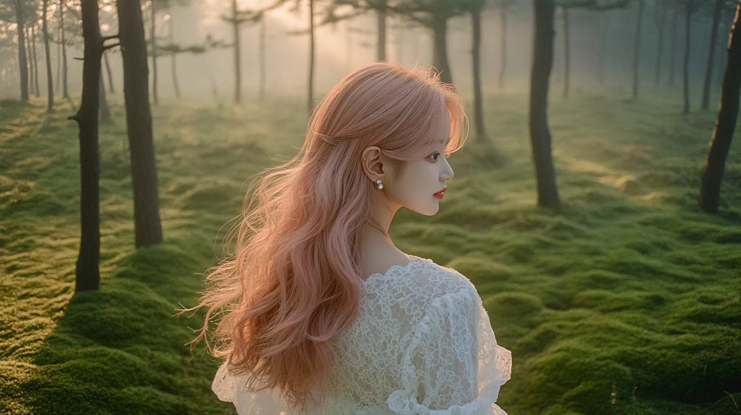 wide establishing shot, she walks away from the camera along a mossy path, small in a vast misty forest at dawn, sunbeams between the trunks. a Korean woman with long wavy pastel peach-pink hair and a