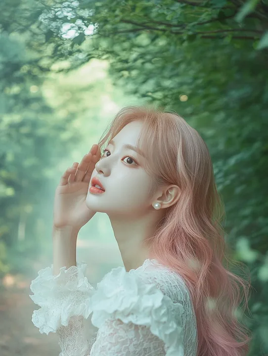 medium shot, she stops on the path and looks up through the canopy, one hand shading her eyes, mist drifting between the trees. a Korean woman aged 23 with a soft oval face and ful