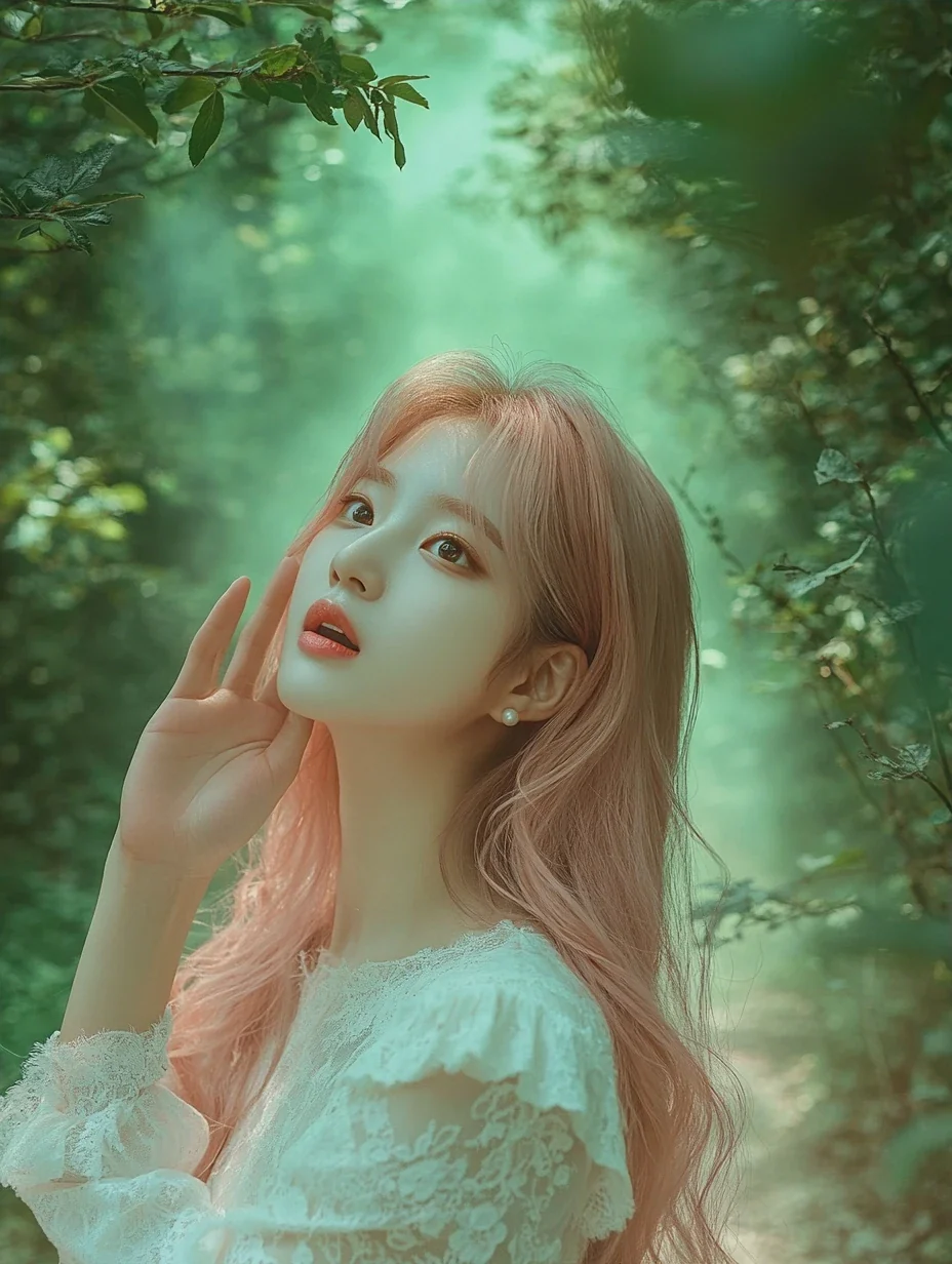 medium shot, she stops on the path and looks up through the canopy, one hand shading her eyes, mist drifting between the trees. a Korean woman aged 23 with a soft oval face and full cheeks, warm dark